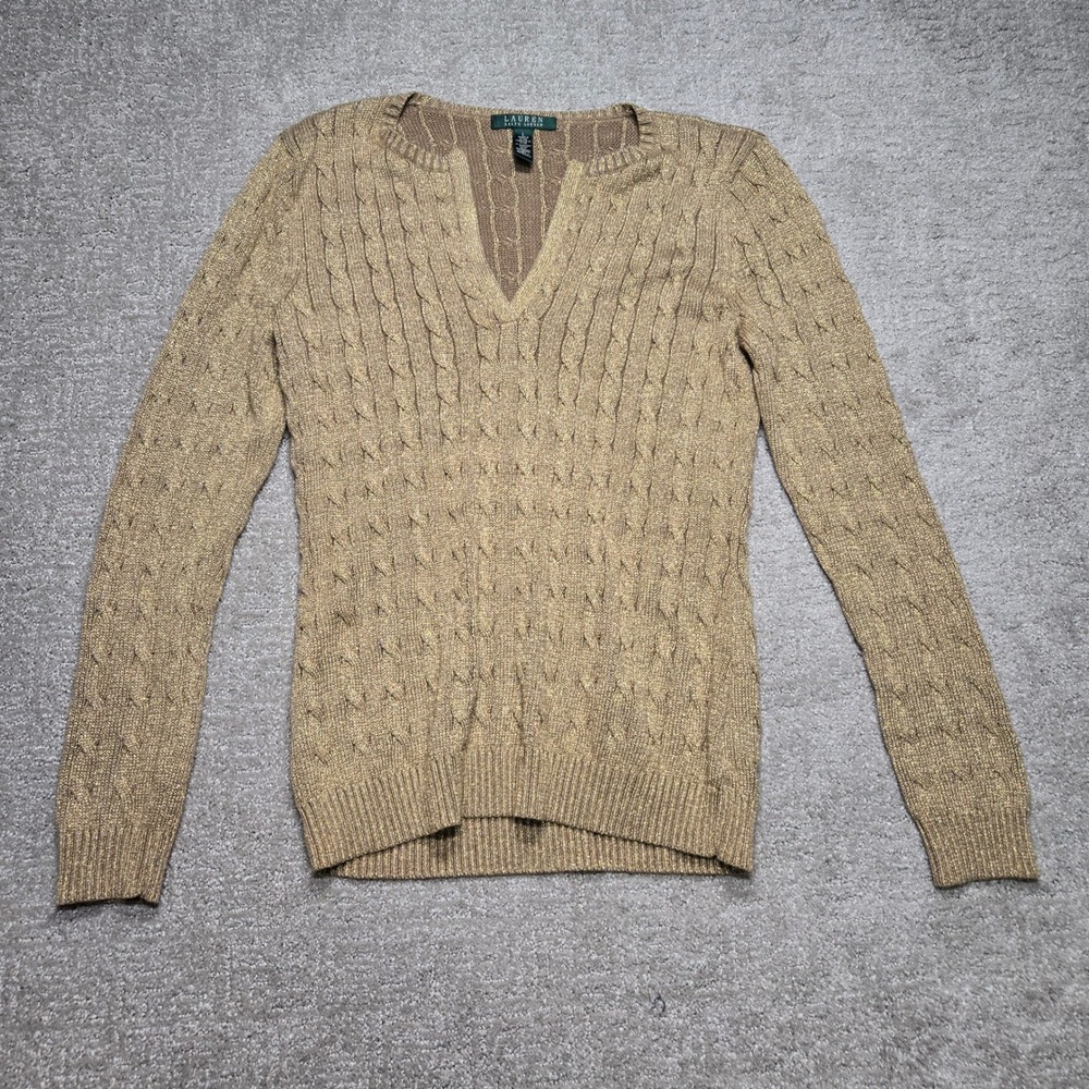 Lauren Ralph Lauren Gold Metallic Cable Knit Sweater Womens Large Split V-Neck